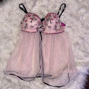 Victoria’s Secret Floral Embroidered Pink Babydoll Lingerie